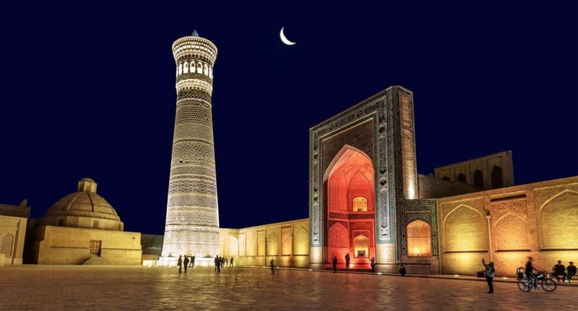 The Kalyan minaret lit after dark, Bukhara